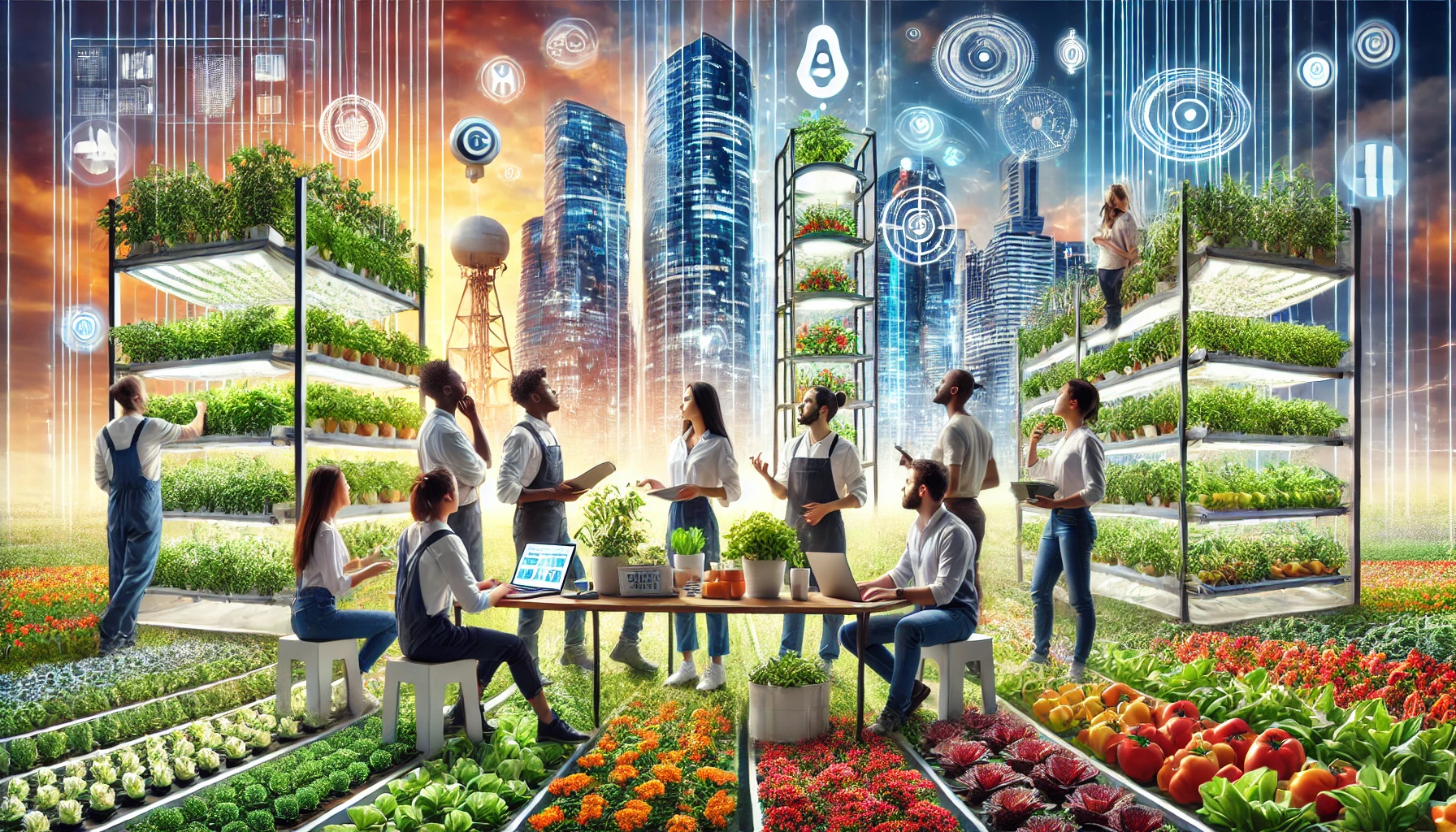 Opportunities in the Future of Agriculture Education – A hopeful, forward-looking image showcasing students and agricultural entrepreneurs collaborating on innovative solutions such as vertical farming, precision agriculture, and sustainable food production.