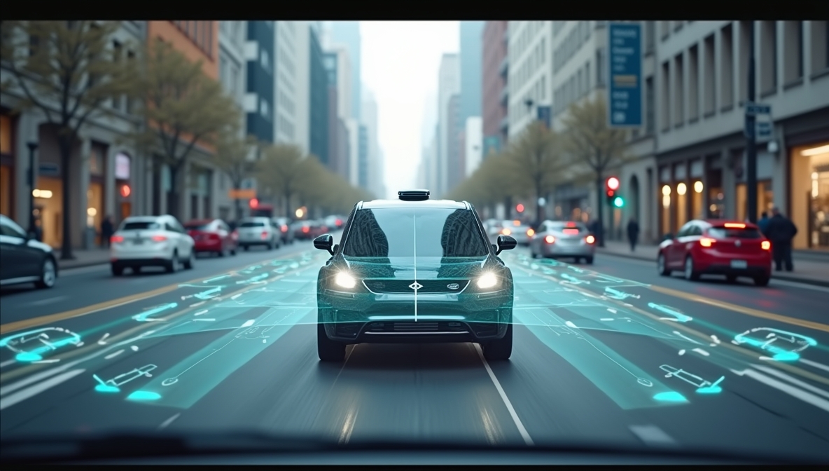 Autonomous vehicle navigating urban traffic with computer vision detecting challenges like pedestrians.