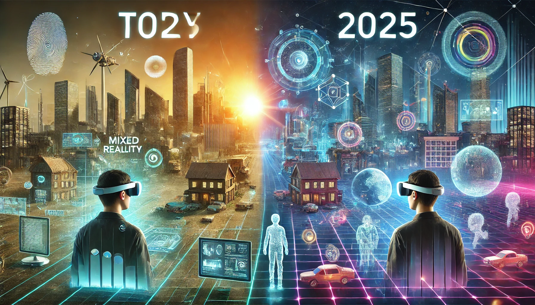 Illustration showing Mixed Reality evolution from basic overlays today to immersive holograms in 2025.