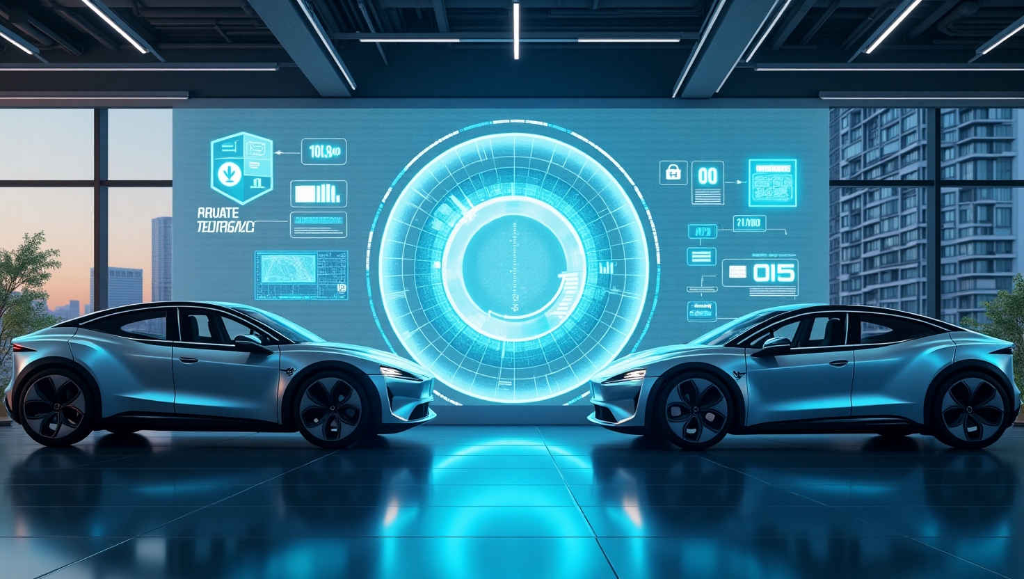 Futuristic insurance tech dashboard with EVs, AVs, telematics, and cybersecurity features.