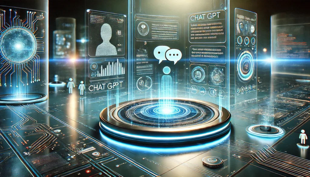 Futuristic holographic scene with ChatGPT labels, chat bubbles, and glowing circuit boards illustrating a large language model