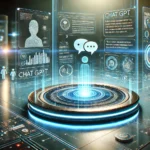 Futuristic holographic scene with ChatGPT labels, chat bubbles, and glowing circuit boards illustrating a large language model