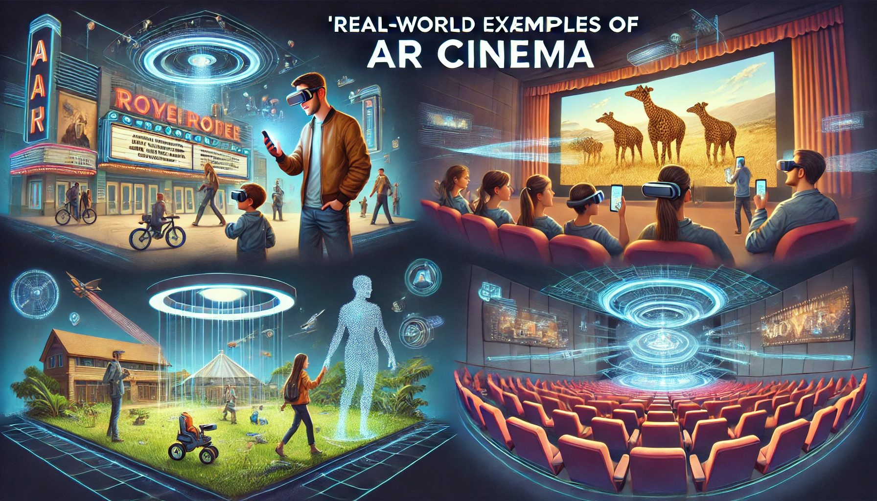 Augmented Reality Cinema showcasing AR-powered trailers, interactive apps, and holographic projections in theaters.