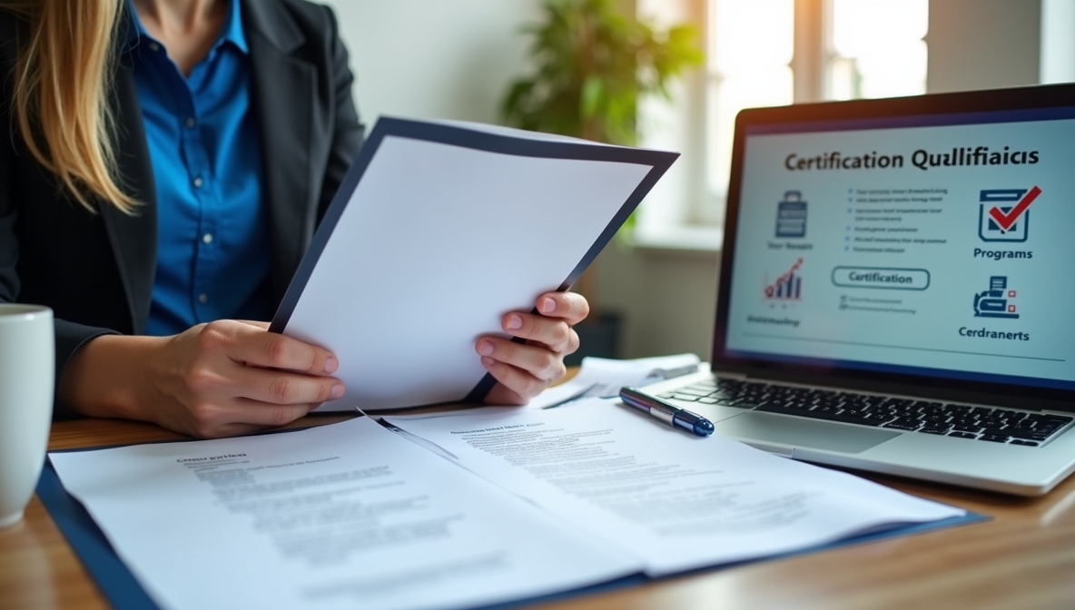 A realistic image of a professional holding a certificate and reviewing a list of required qualifications. The scene includes a desk with documents, a laptop displaying certification programs, and a checklist highlighting key skills. The background features a modern office setting, emphasizing career growth and education. The image conveys the importance of qualifications and certifications for career advancement.