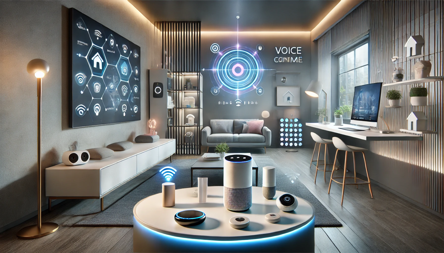 Smart home showcasing a Voice Controlled Home Automation System with smart lights, devices, and a virtual assistant