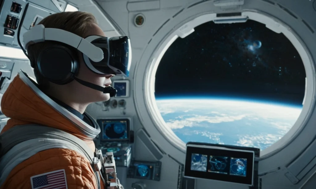 Futuristic astronaut exploring space with immersive Space Virtual Reality technology.