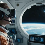 Futuristic astronaut exploring space with immersive Space Virtual Reality technology.