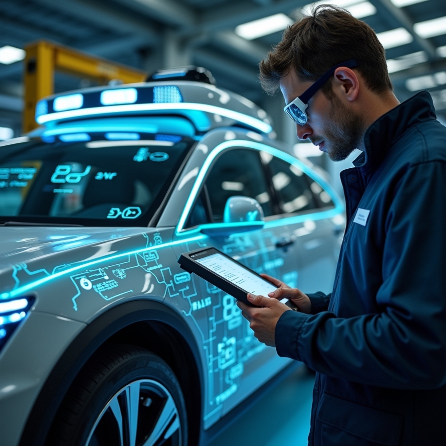 Technician diagnosing a self-driving car using specialized tools and analyzing technical data.