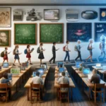 Timeline showing the evolution from traditional classrooms to modern education in virtual reality technology