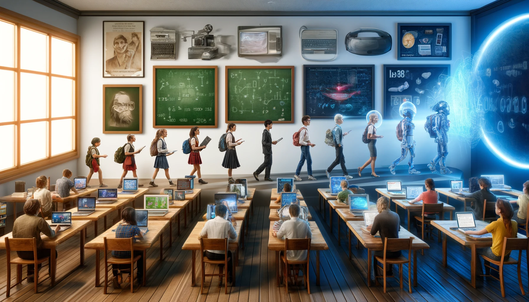 Timeline showing the evolution from traditional classrooms to modern education in virtual reality technology