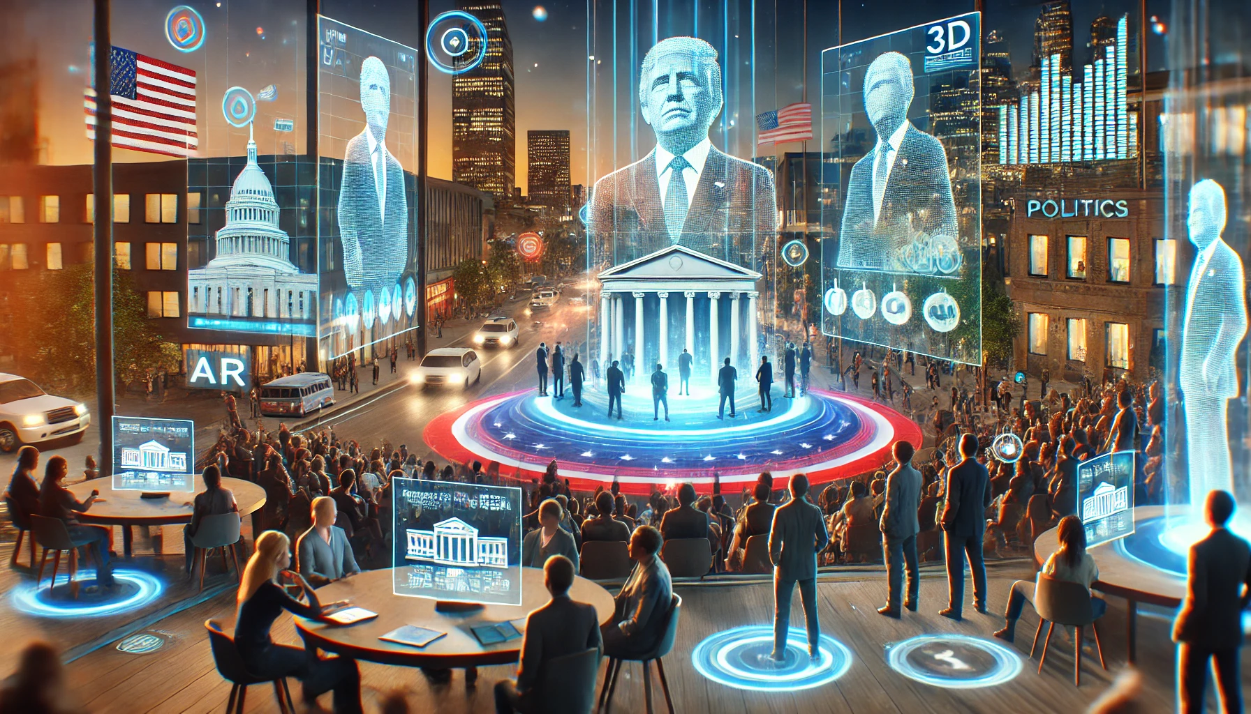 Futuristic cityscape showcasing augmented reality politics with glowing holograms and dynamic AR visuals