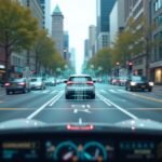 Autonomous car driving through a city street with sensor equipment on its roof, illustrating the future of computer vision in self-driving vehicles