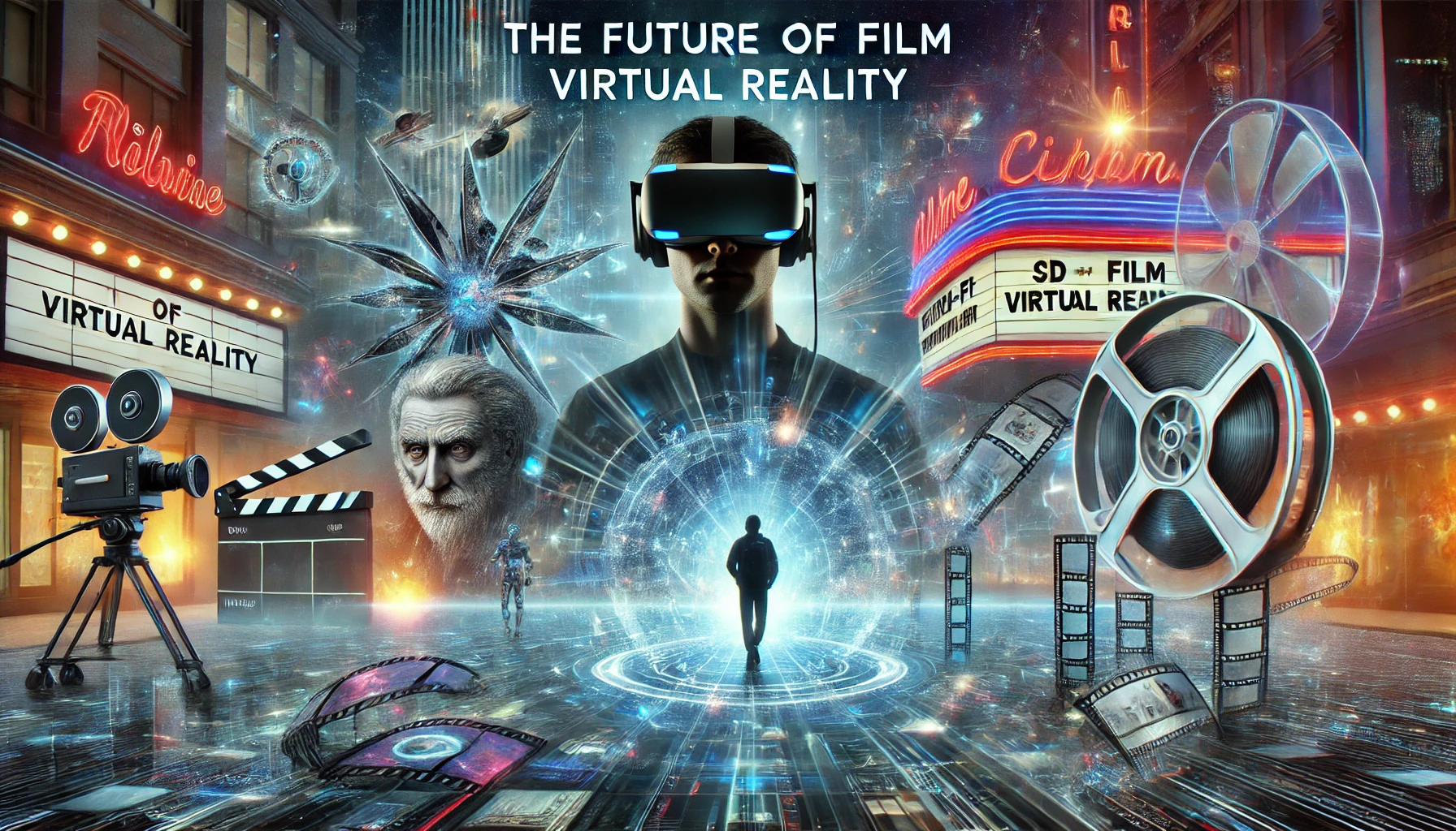 Futuristic VR headset user immersed in holographic cinema, showcasing the future of film virtual reality