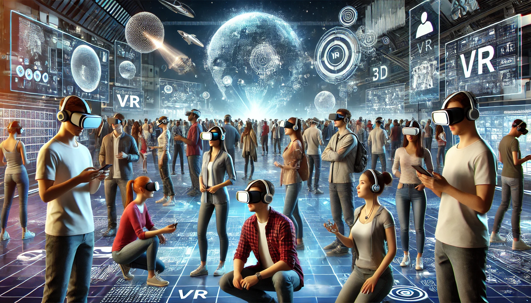 Diverse people interacting in a futuristic Virtual Reality world, showcasing the future of socializing