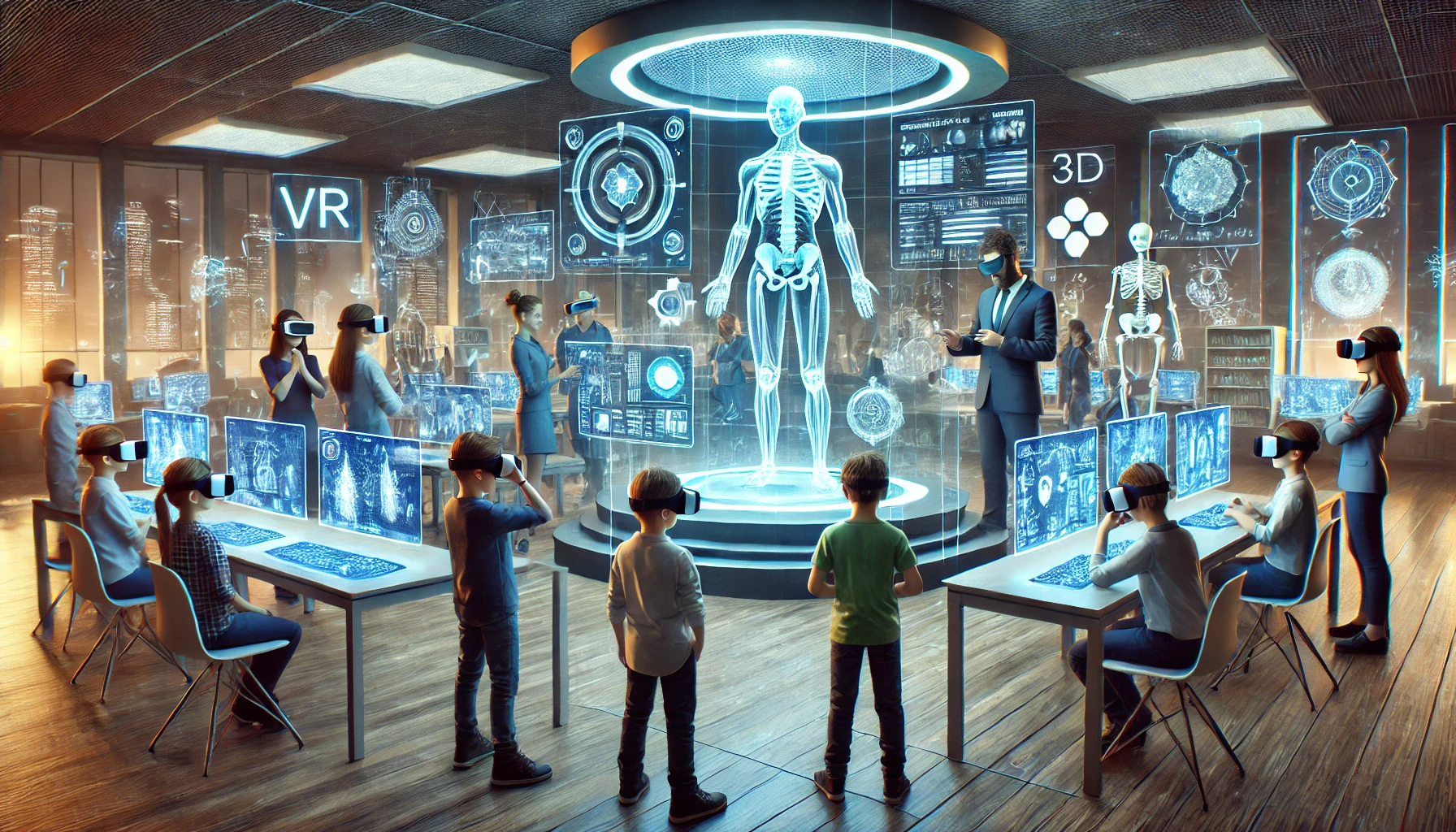 Futuristic classroom with students using VR headsets, showcasing the future of education in virtual reality