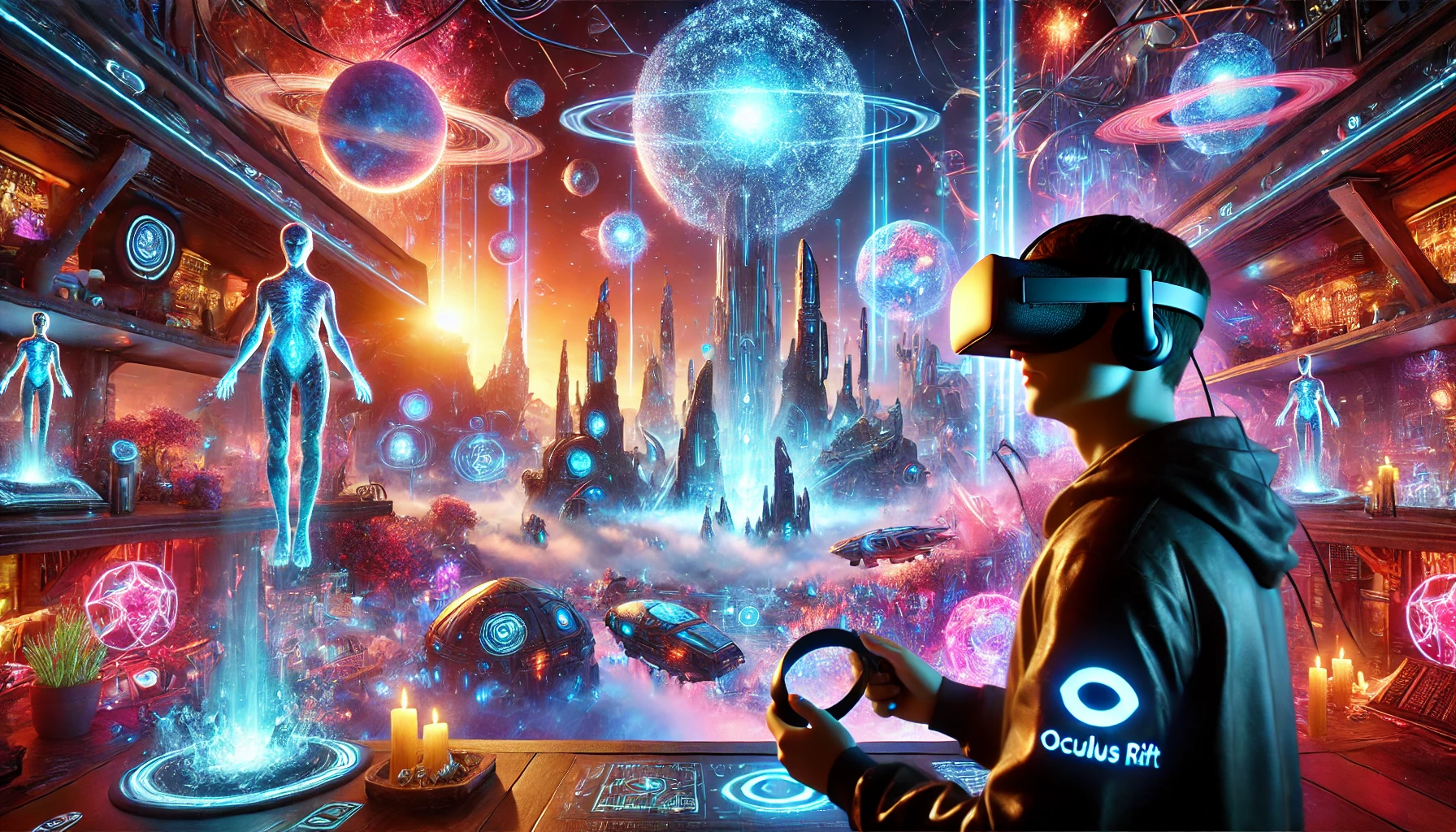 "Person exploring a futuristic virtual world with Oculus Rift, surrounded by glowing holograms and tech