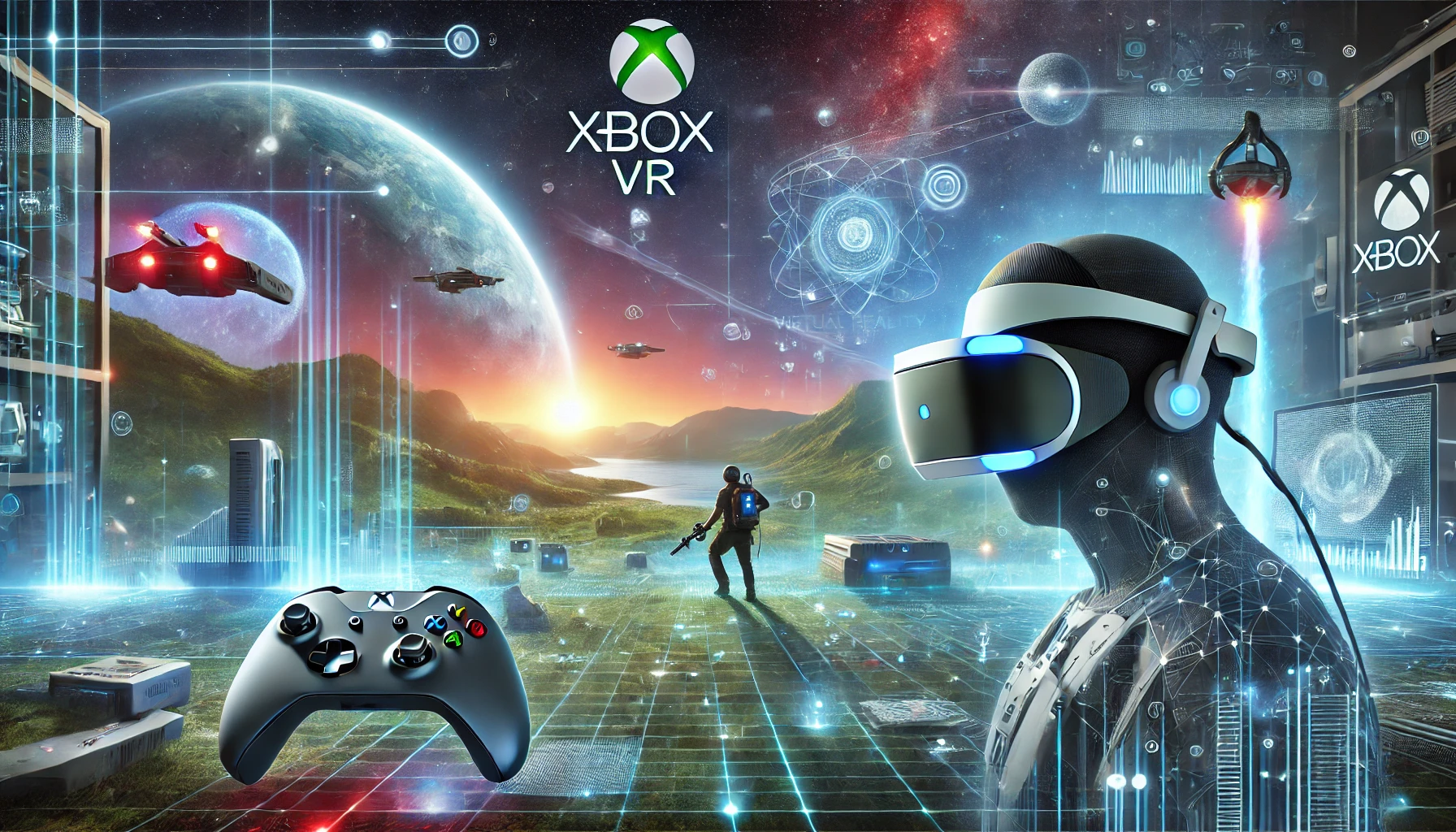 Futuristic Xbox Virtual Reality headset in a vibrant virtual world, showcasing innovation and advanced features