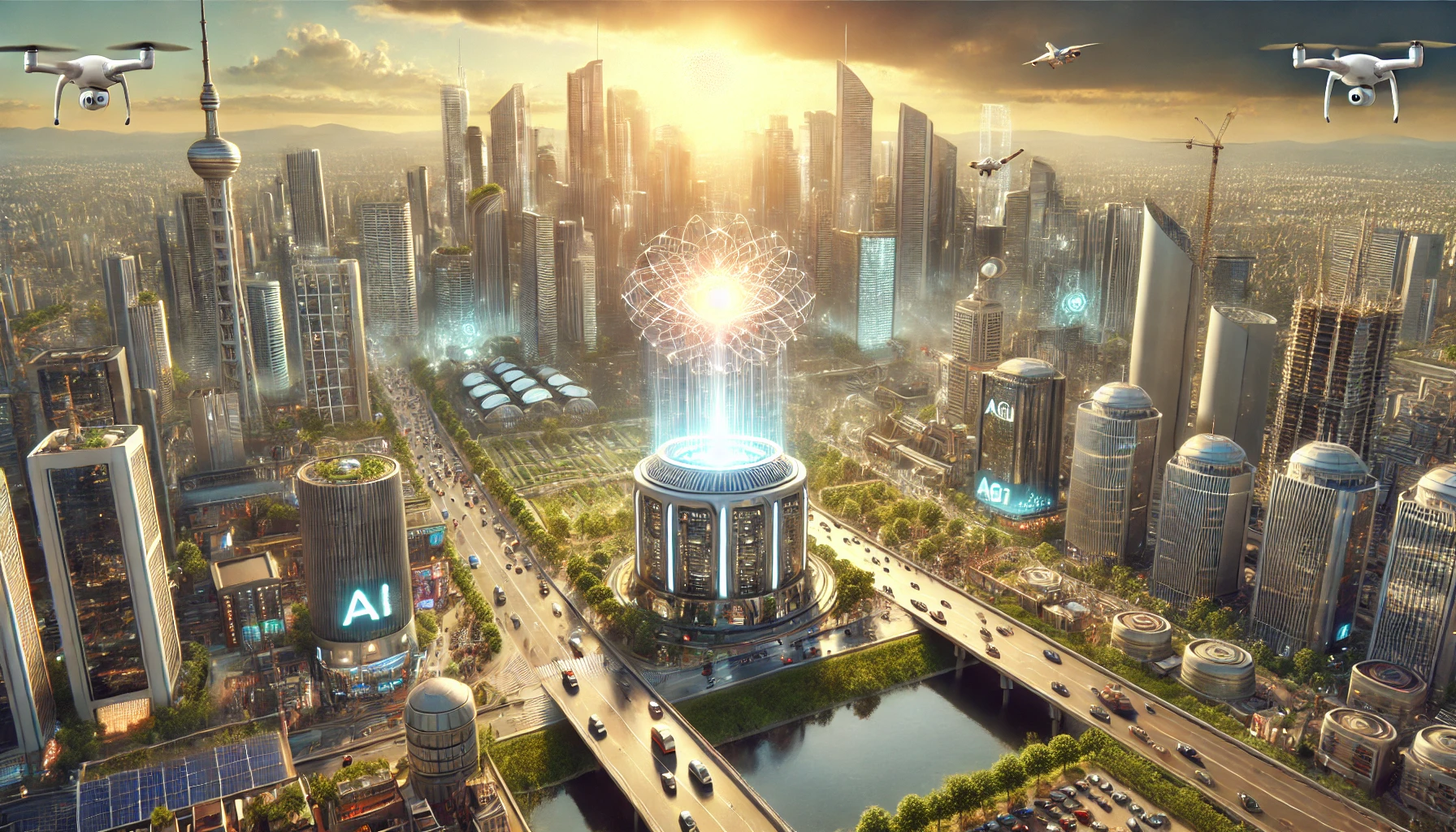 Futuristic city powered by AGI, with autonomous vehicles, drones, and sustainable energy.