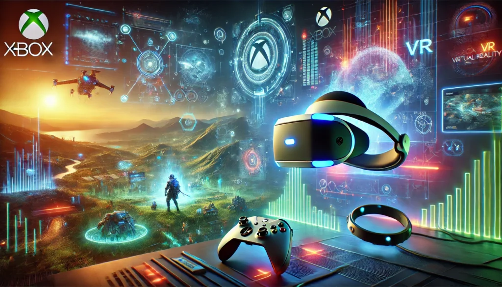 Futuristic Xbox Virtual Reality headset in an immersive gaming scene, showcasing innovation and excitement