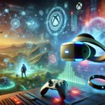 Futuristic Xbox Virtual Reality headset in an immersive gaming scene, showcasing innovation and excitement