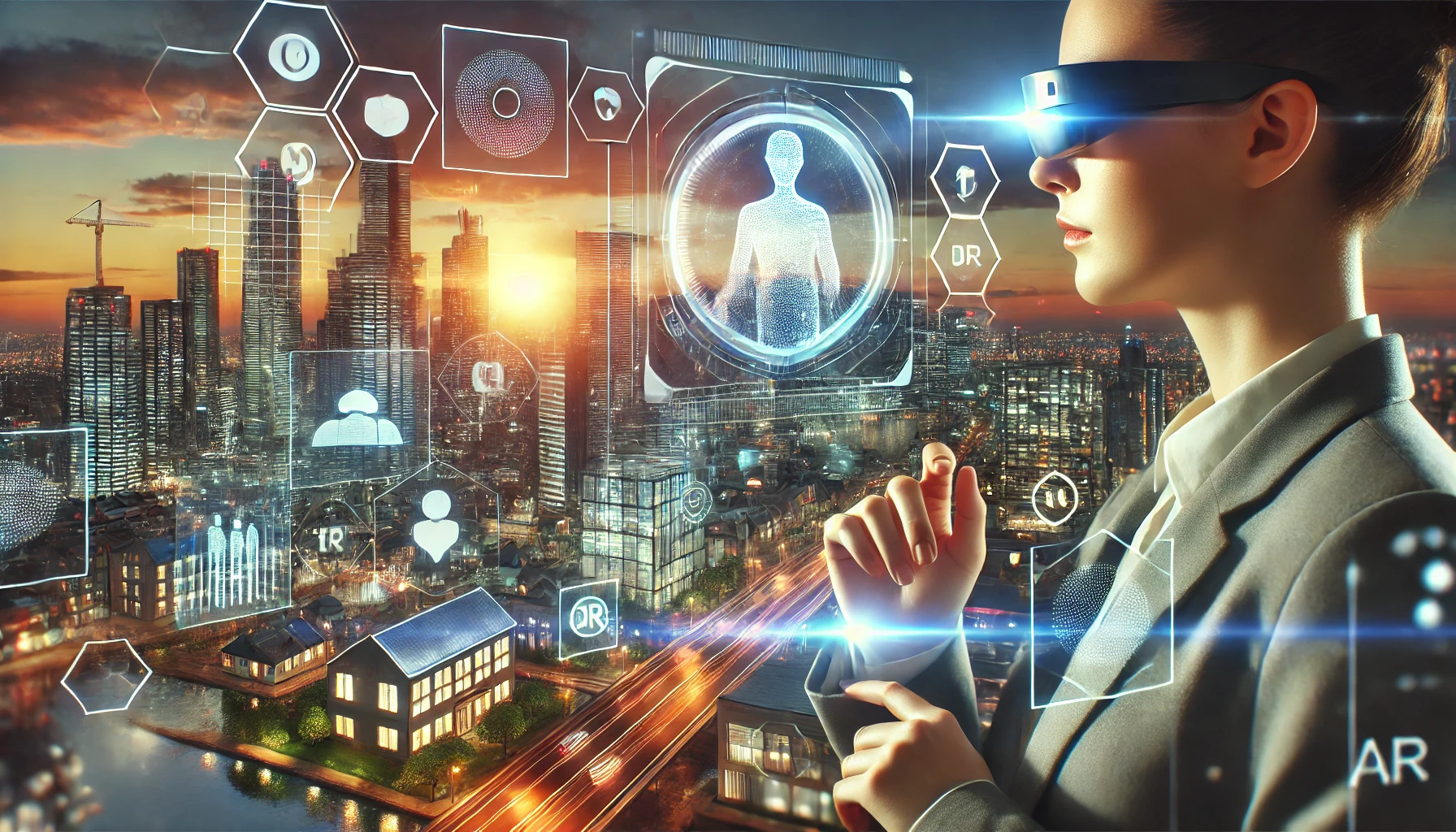 Augmented Reality enhances innovation in a futuristic city with holograms and digital interfaces