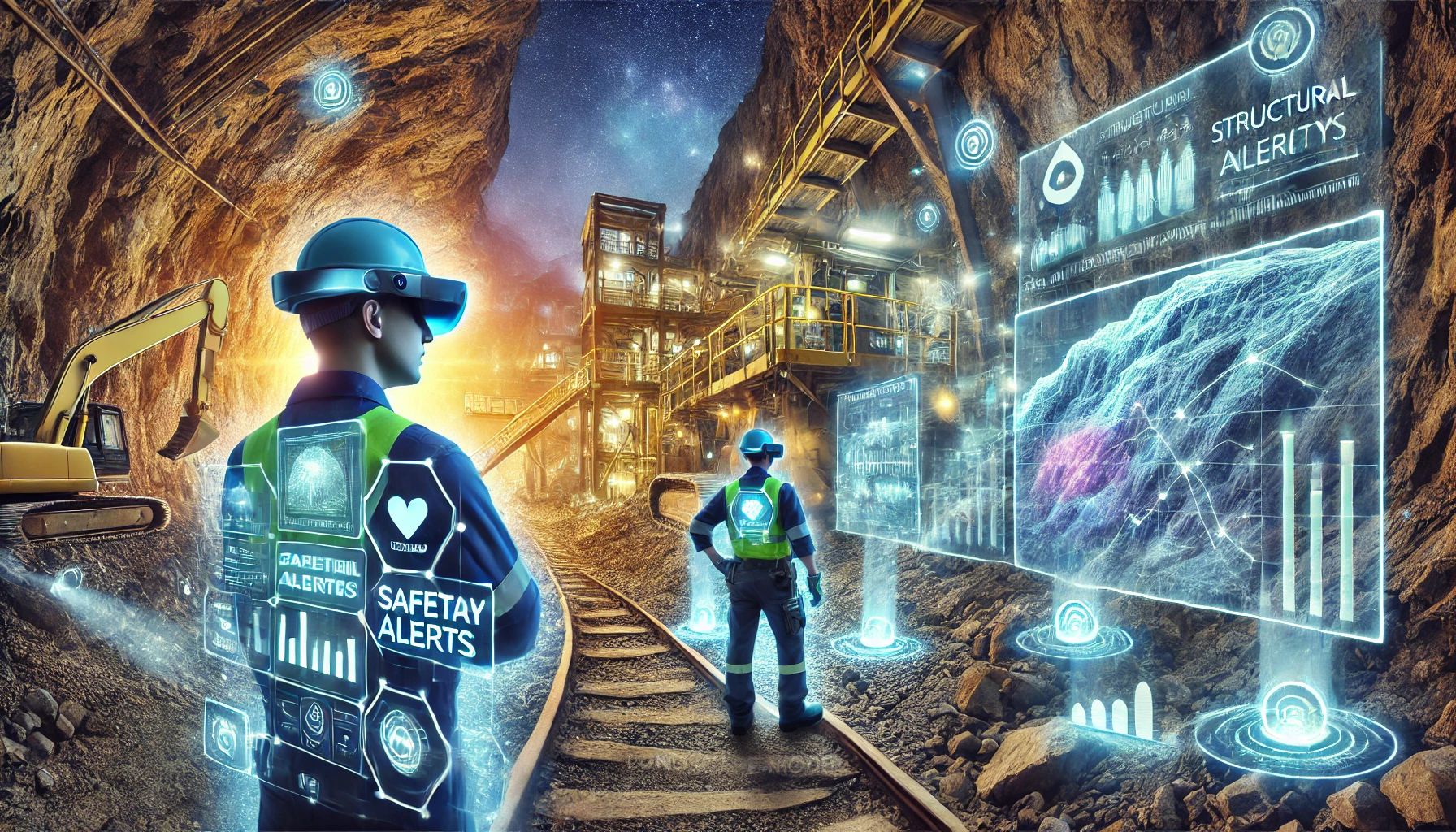 Miners using augmented reality tools underground with 3D maps and real-time data, enhancing operations