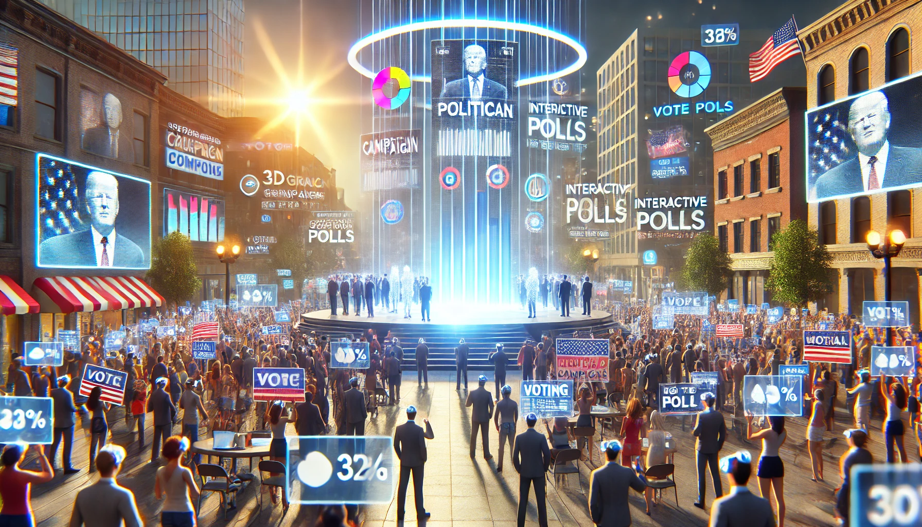 Vibrant rally showcasing augmented reality politics with holograms, AR glasses, and interactive tech