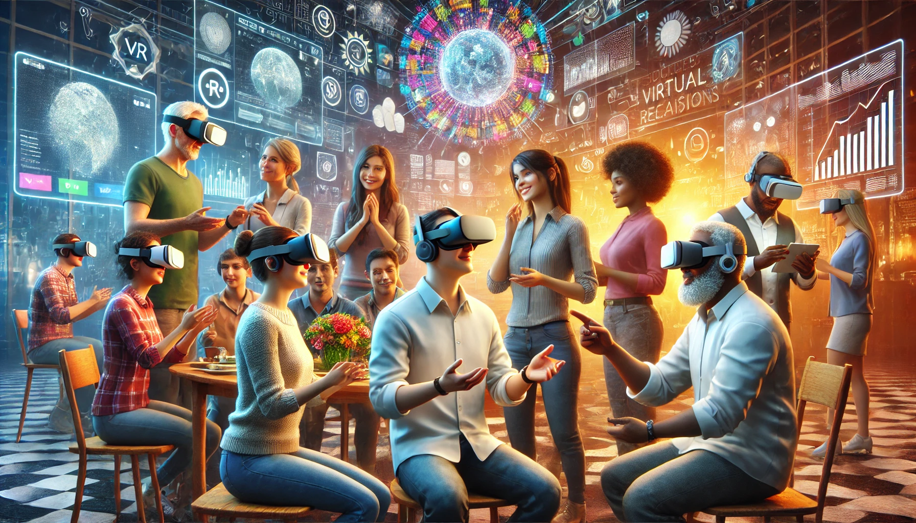 Diverse people connecting through Virtual Reality, showcasing its social benefits in a digital space