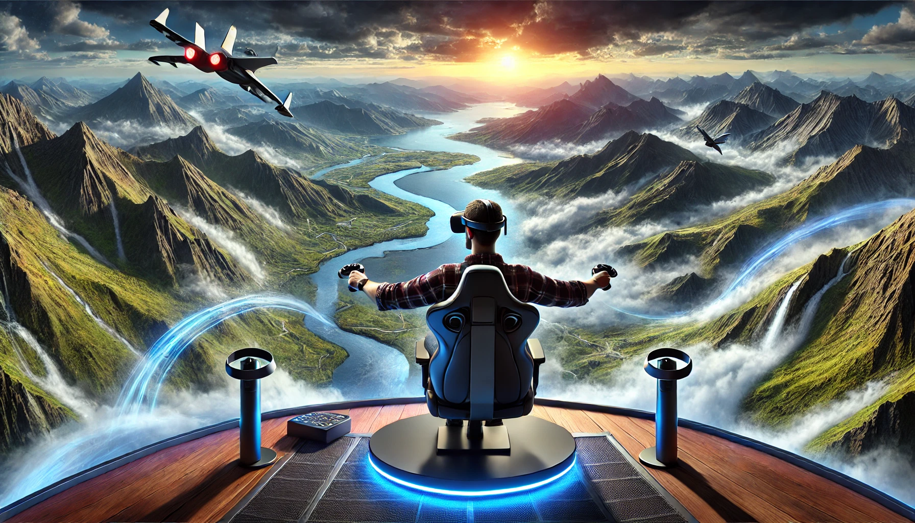 Person immersed in a VR flying simulator, capturing the thrill of VR flying adventures in vivid detail