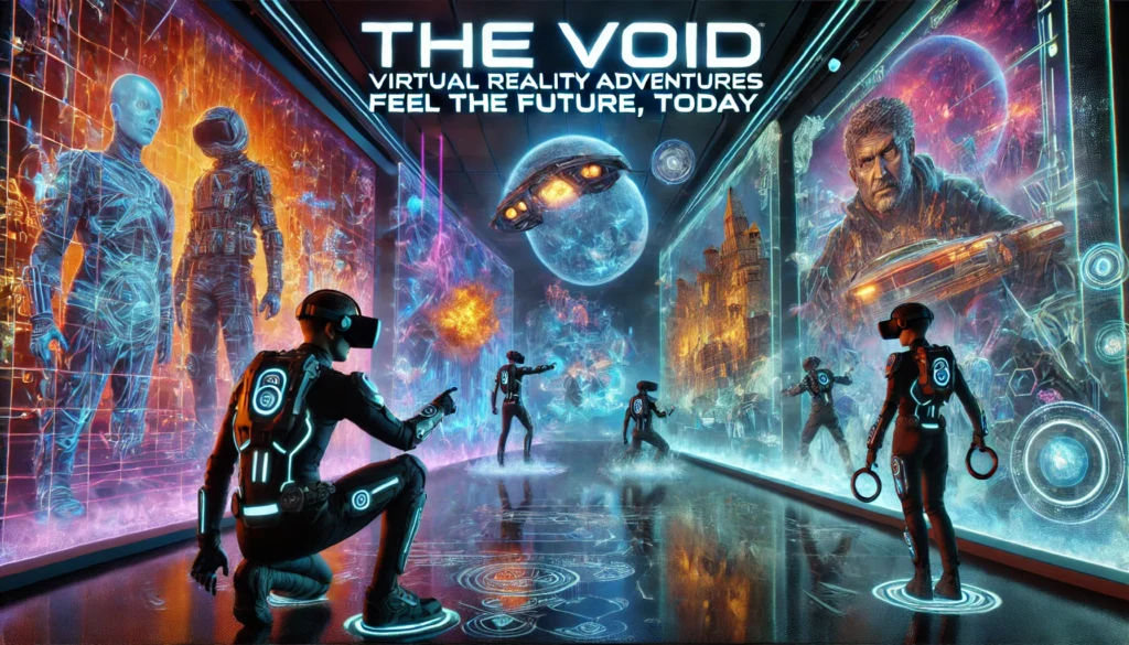 Futuristic scene of users in VR gear exploring adventures, showcasing the void virtual reality experience