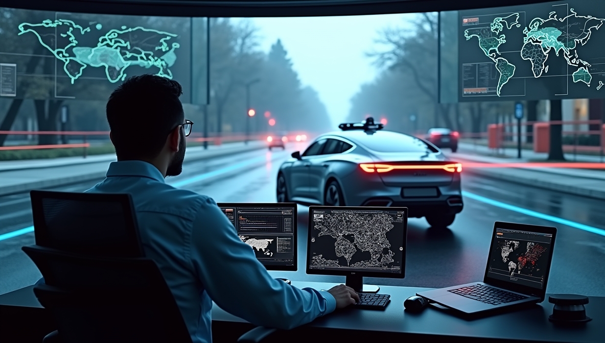 Autonomous vehicle operator monitoring self-driving cars in a high-tech control center.