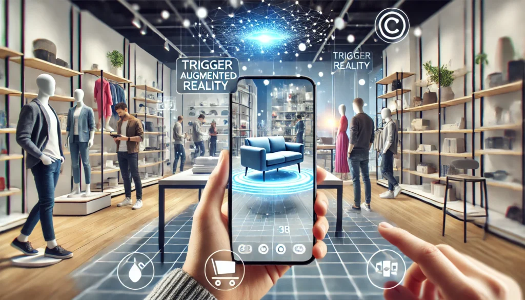 Customer using AR technology in a retail store to interact with products, showcasing Trigger Augmented Reality