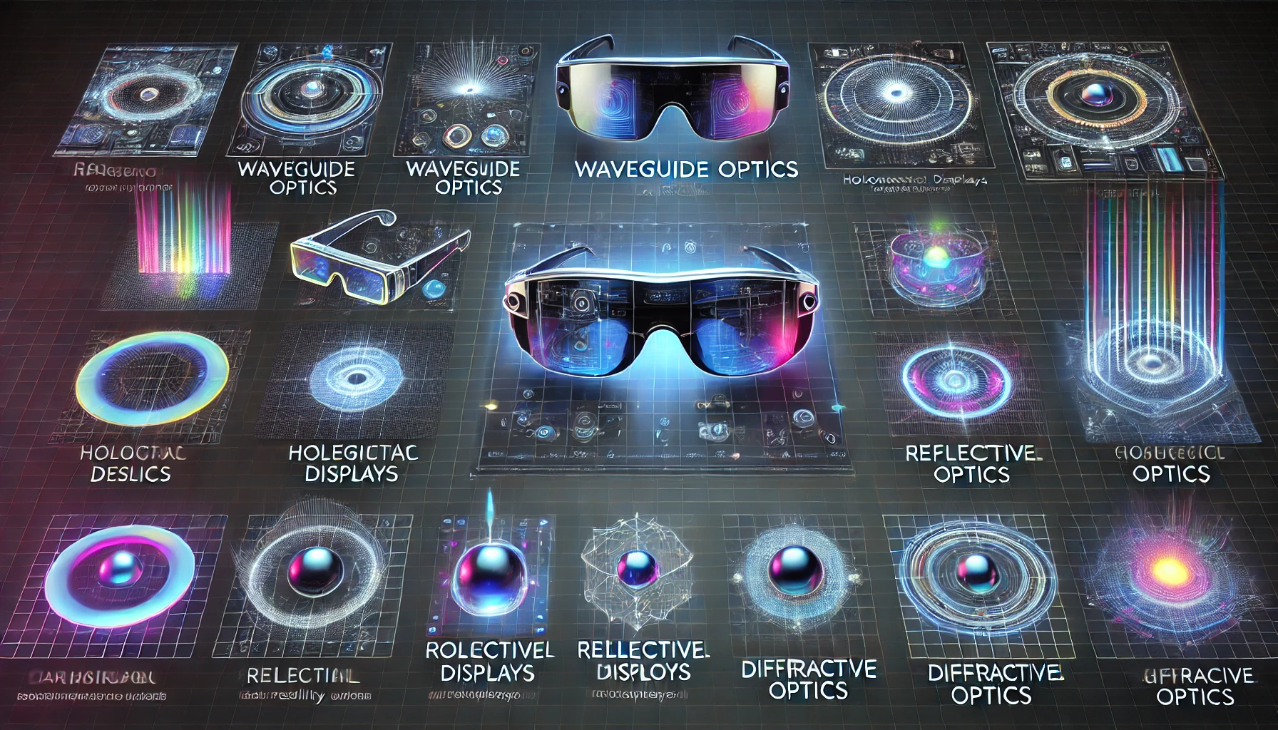 Illustration of various augmented reality optics, showcasing different AR display technologies and uses.