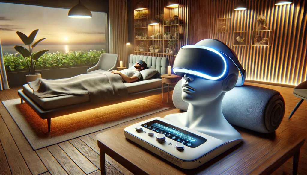 Person using a virtual reality sleeping mask in a cozy bedroom, promoting relaxation and better sleep