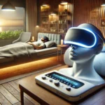 Person using a virtual reality sleeping mask in a cozy bedroom, promoting relaxation and better sleep