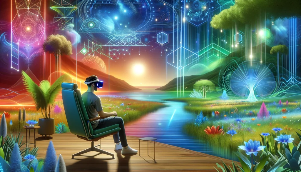 A person in a VR headset experiencing virtual reality therapy in a calming, tech-enhanced environment