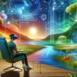 A person in a VR headset experiencing virtual reality therapy in a calming, tech-enhanced environment