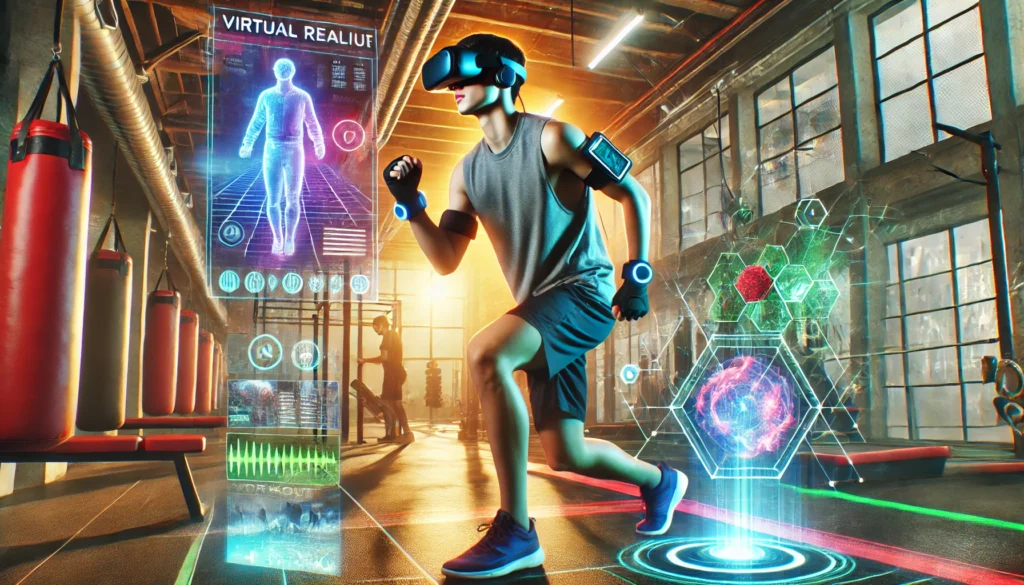 Person using virtual reality for exercise in a modern gym, combining fitness and VR technology