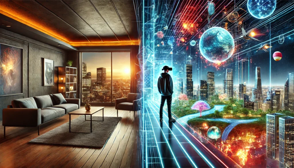 Person interacting with holograms, blending Virtual and Reality in a modern city setting