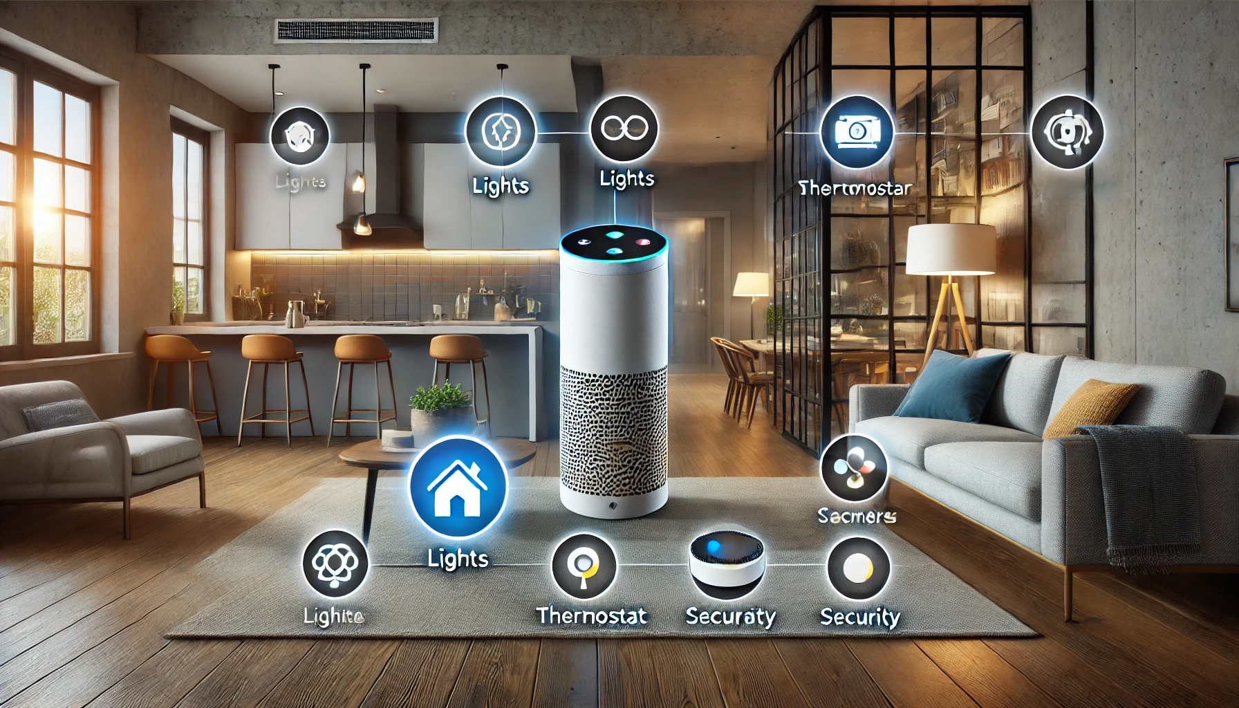 Voice control home automation with AI-driven smart home devices.