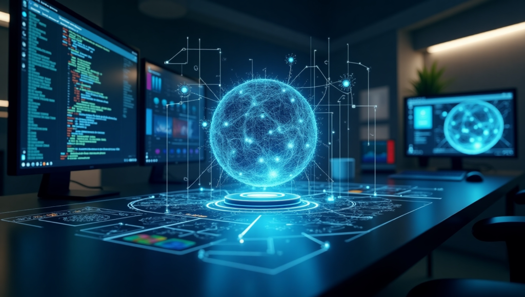 Glowing blue AI sphere on a desk surrounded by computer screens showing code, illustrating generative AI