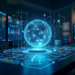Glowing blue AI sphere on a desk surrounded by computer screens showing code, illustrating generative AI