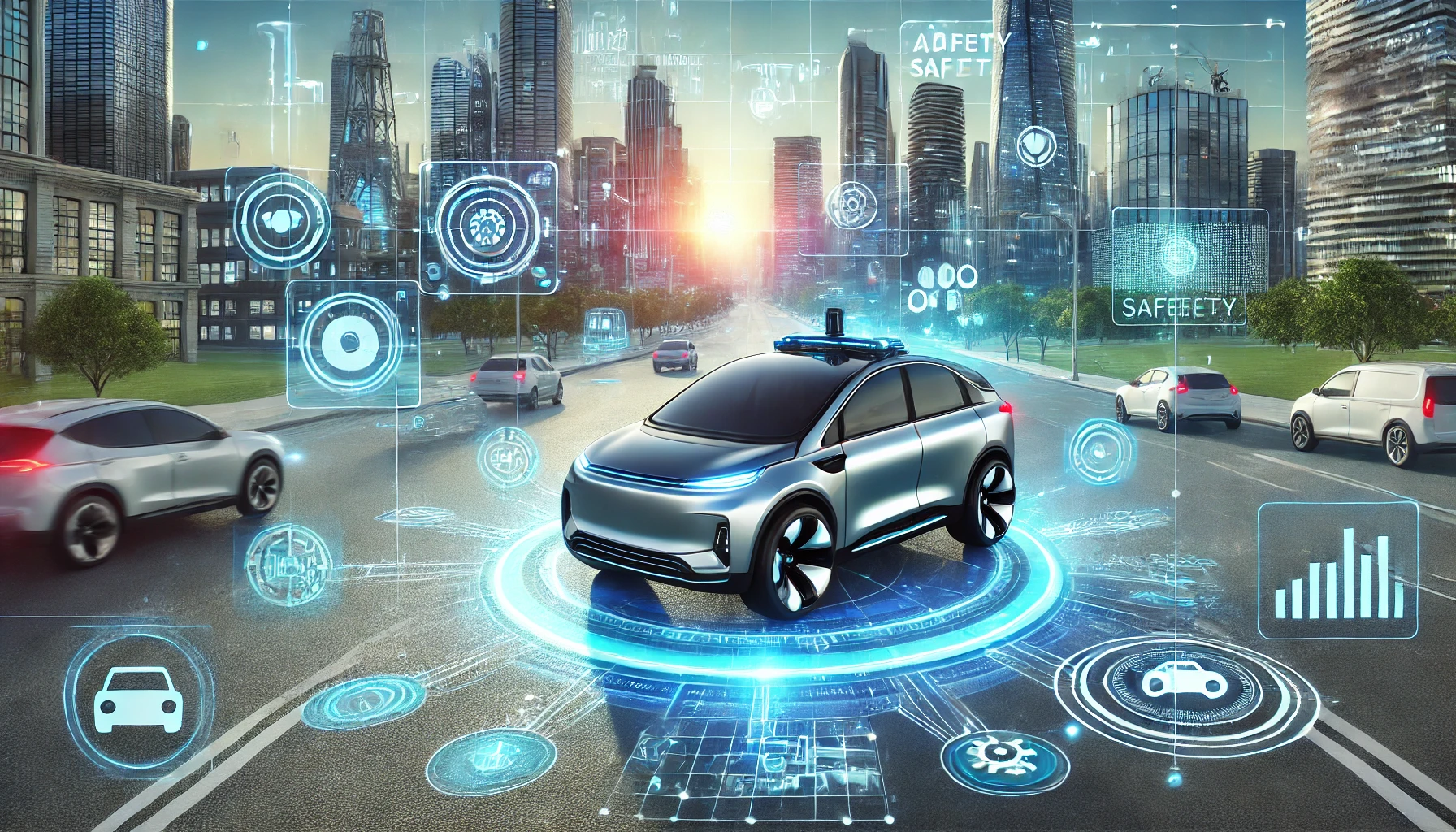 Autonomous vehicle with safety features in a futuristic city, surrounded by digital data.