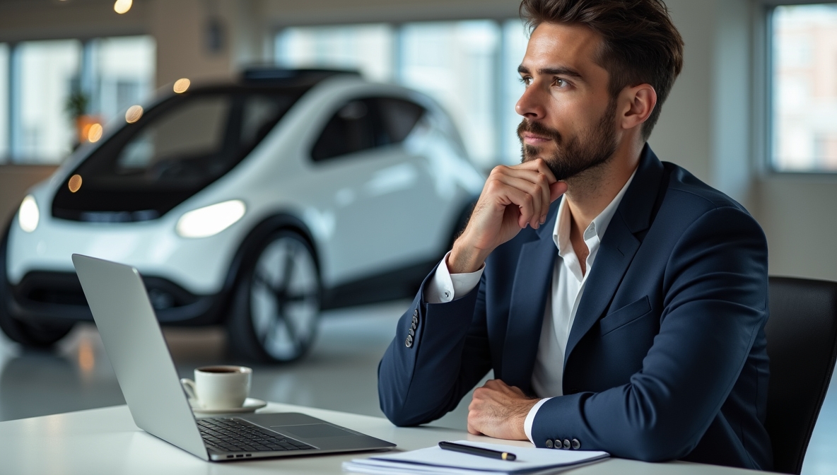 Man sitting at a desk, deep in thought, contemplating career opportunities in autonomous vehicles.