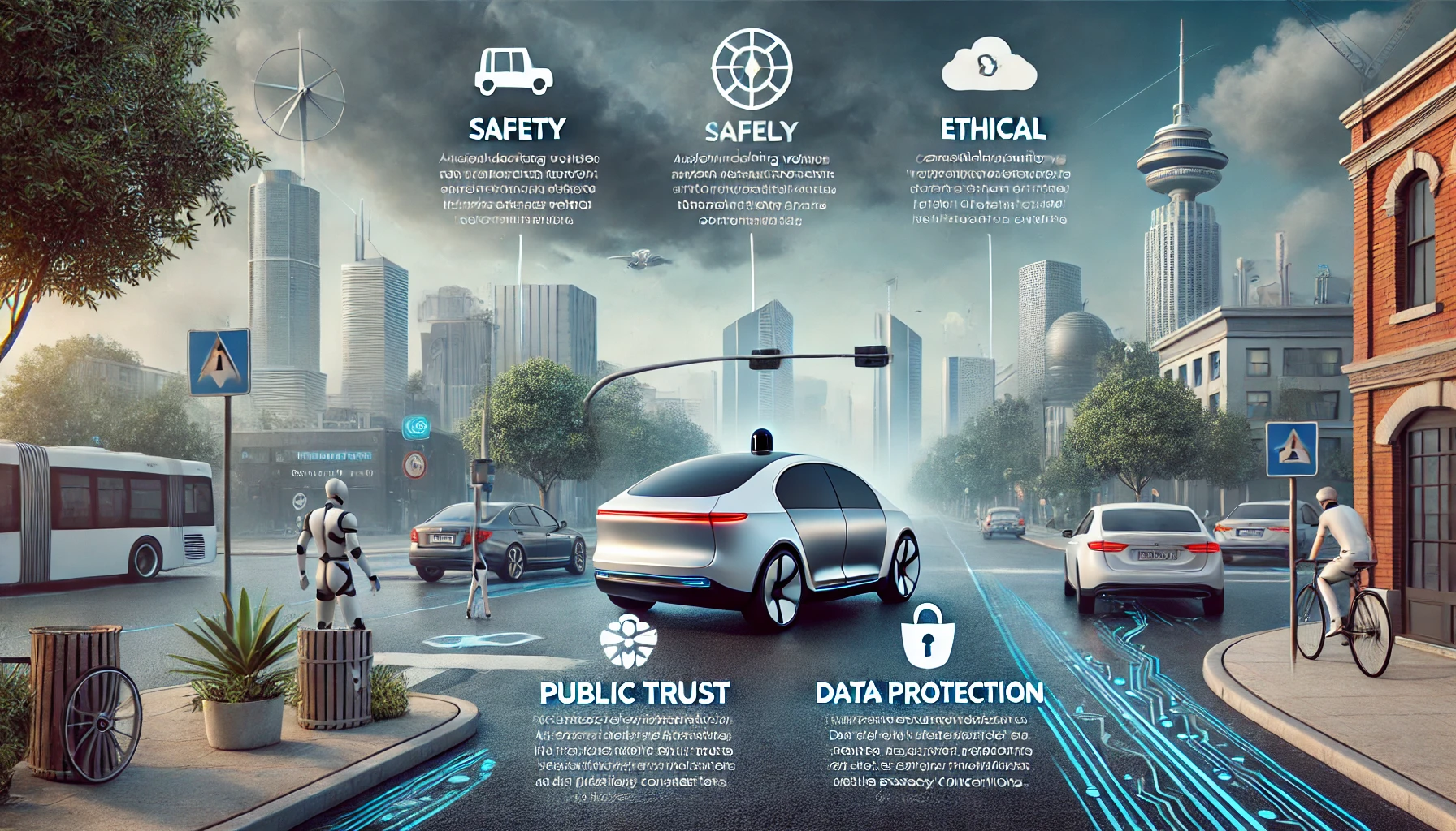 Autonomous vehicle infographic highlighting safety, trust, ethics, and data protection.