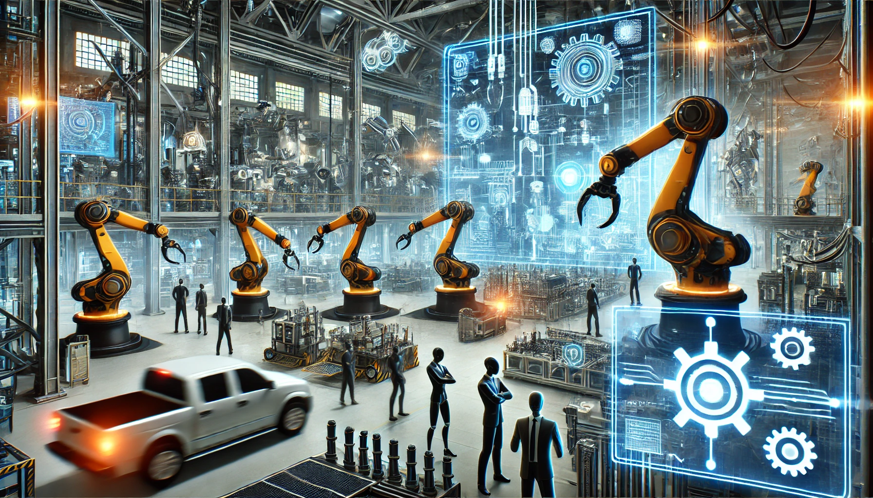 You Automate an Industry Workers and robots in a futuristic factory