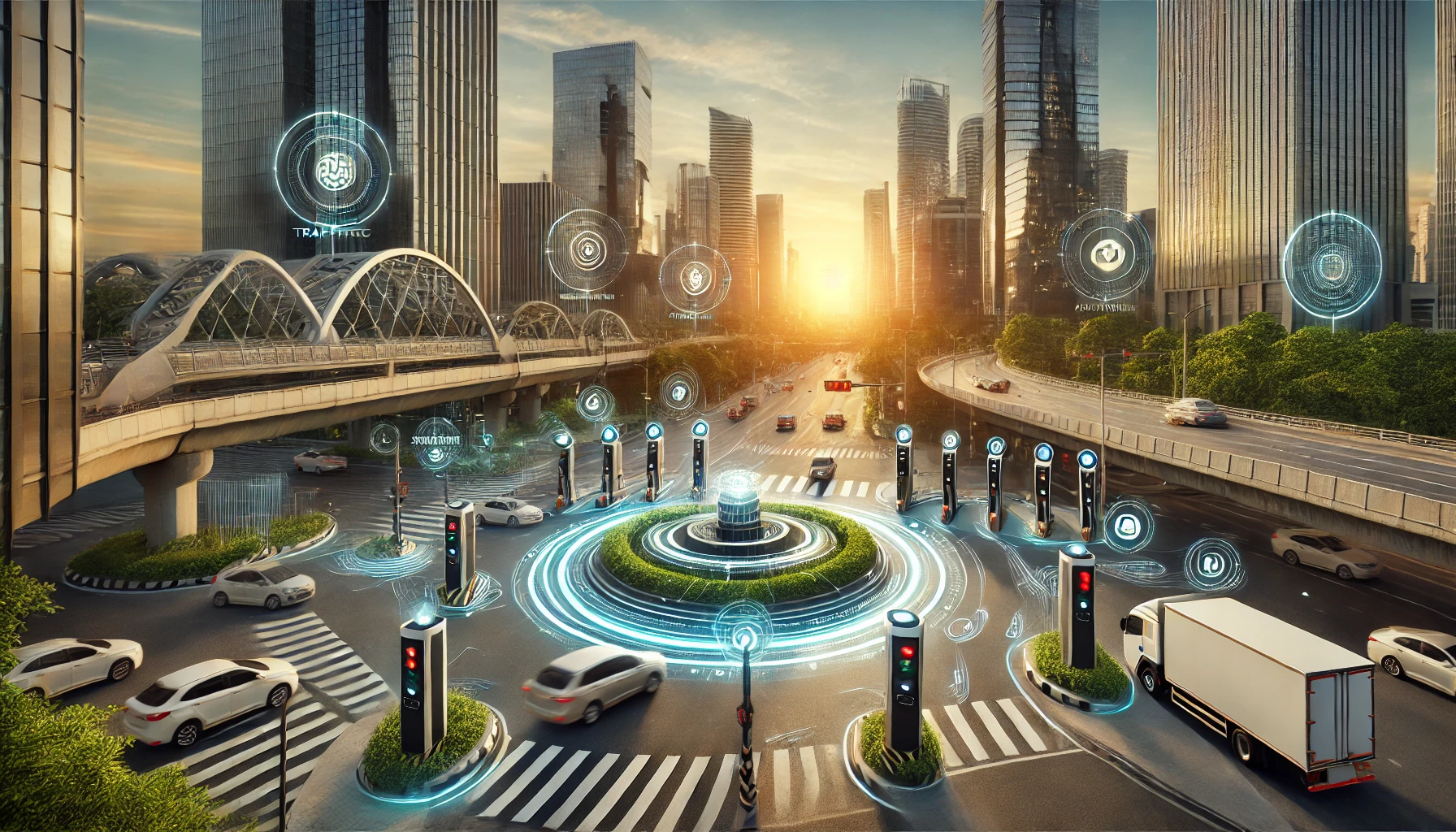 unrise cityscape showcasing an Automated Traffic Control System with smart signals.