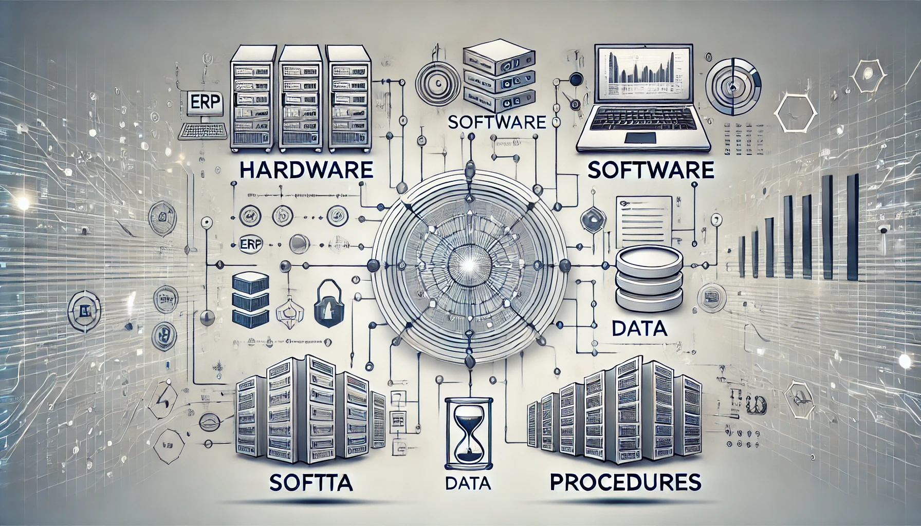 A digital illustration showing hardware, software, data, and procedures in an automated information system.