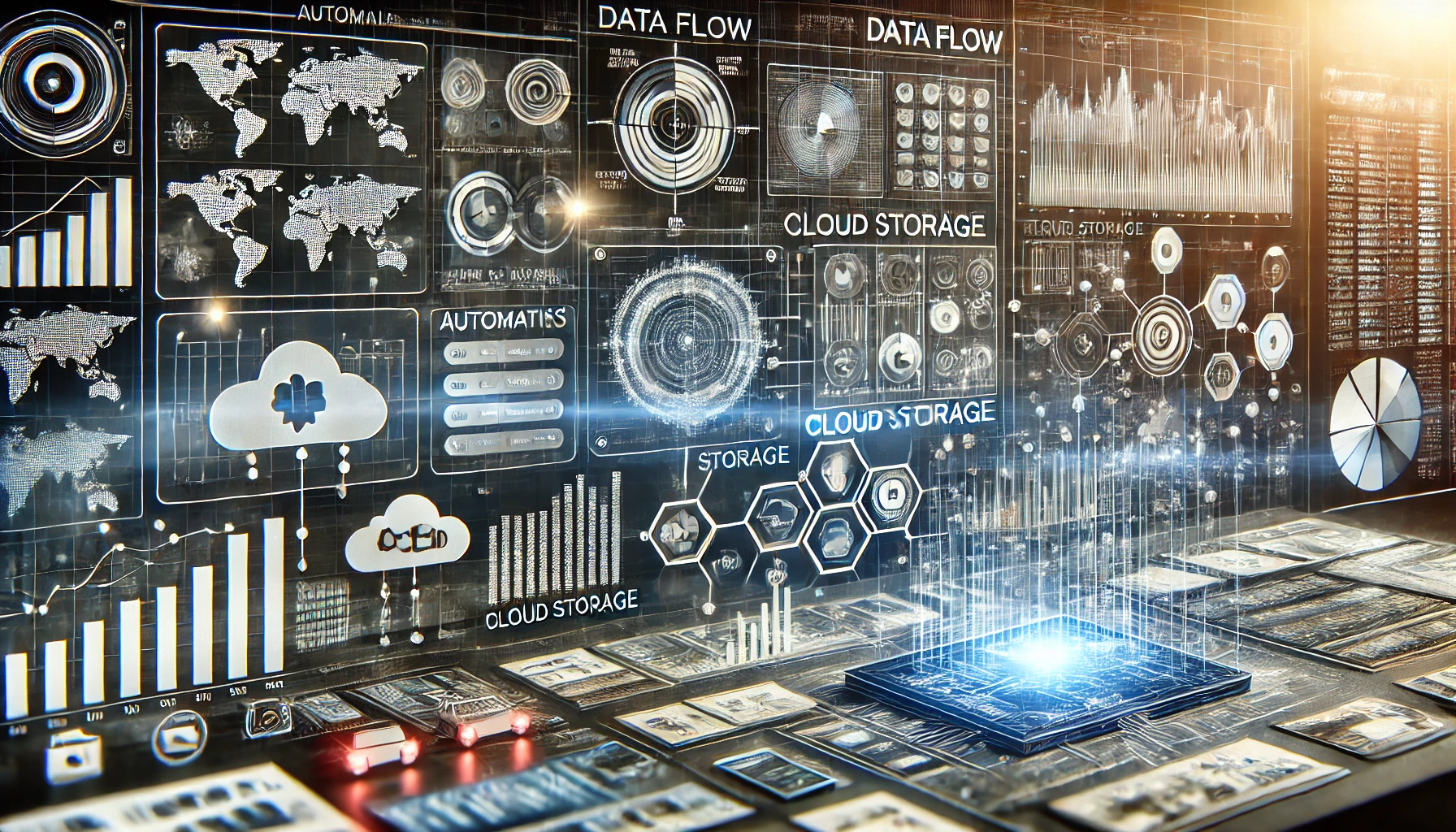 A digital landscape depicting an automated information system, with data flow, cloud storage, and automated decision-making processes in action.