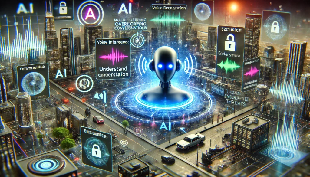 A futuristic cityscape illustrating challenges in Voice Recognition Technology, with AI struggling against noise and security threats.